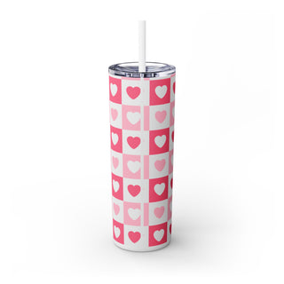 Valentine Skinny Tumbler, Pink Heart Design, Cute Cup Gift, Insulated Mug, Love Theme, Romantic Drinkware