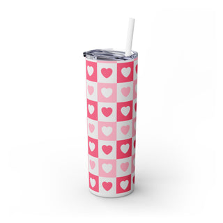 Valentine Skinny Tumbler, Pink Heart Design, Cute Cup Gift, Insulated Mug, Love Theme, Romantic Drinkware