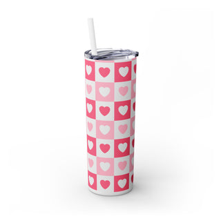 Valentine Skinny Tumbler, Pink Heart Design, Cute Cup Gift, Insulated Mug, Love Theme, Romantic Drinkware